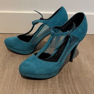Teal T-Strap High Heel Pumps